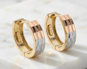 14K Tri-Color Gold Chunky Huggie Hoop Earrings • Diamond Cut Textured Hoops