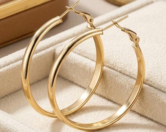 14k Yellow Gold Domed Hoop Earrings, 40mm Classic Comfort Fit Omega Back