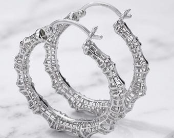 Sterling Silver Bamboo Filigree Hoop Earrings, Rhodium Plated Textured Geometric Hoops (24mm & 31mm)