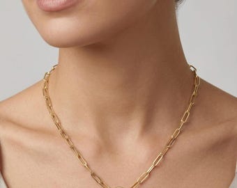 14K Solid Gold Paperclip Chain Necklace with Charm Holder Clasp | 3.25mm Layering Chain