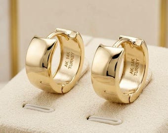 14K Solid Gold Chunky Huggie Hoop Earrings • Wide Cartilage Hoops, Secure Click Closure