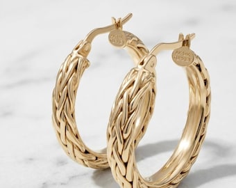 Handmade 14K Yellow Gold Wheat Chain Hoop Earrings • Braided Spiga Link Statement Hoops