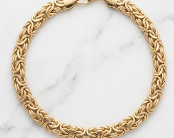 14K Two-Tone Gold Byzantine Bracelet, Reversible Flat Handmade Woven Chain