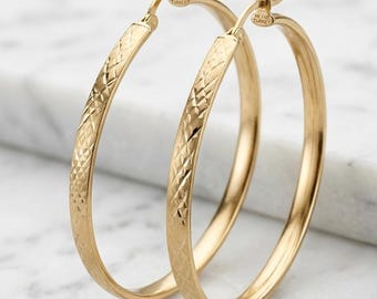 Solid 14K Gold Diamond-Cut Hoop Earrings, 2 Inch Flat Band, Lightweight Comfort