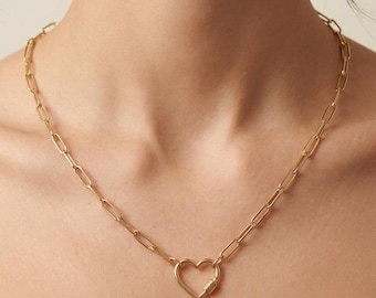 14K Gold Heart Carabiner Paperclip Chain Necklace, Charm Holder Clasp Choker