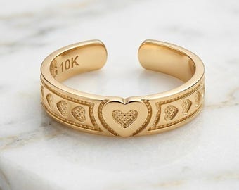 Solid 10K Yellow Gold Heart Engraved Toe Ring, Adjustable Summer Jewelry