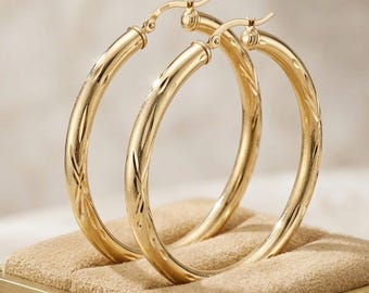 10K Yellow Gold Diamond-Cut Hoop Earrings, 50mm 4mm Large Textured Round Hoops