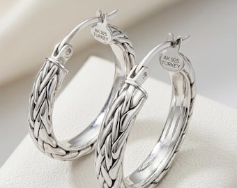 Sterling Silver Wheat Link Hoop Earrings, Rhodium Plated Spiga Chain Hoops, Textured Huggie (25mm)