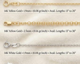 14K Solid Gold Rolo Chain Necklace, Yellow White Gold, 1.9mm 2.5mm Round Link Choker