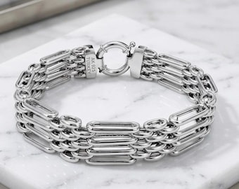 Sterling Silver Multi-Row Panther Link Bracelet – Rhodium Finish, 7.5 Inches