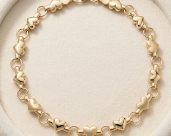 Solid 10K Yellow Gold Alternating Heart Charm Bracelet, Polished Satin Links