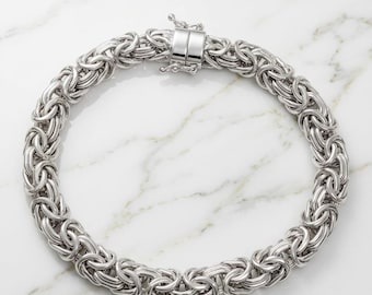 8mm Domed Byzantine Bracelet, Solid 925 Sterling Silver, Rhodium Finish, Woven Link Jewelry