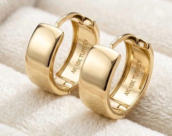 10K Solid Gold Wide Huggie Hoop Earrings • 13mm Small Chunky Gold Hoops