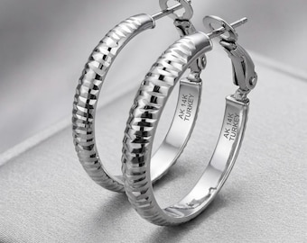 14K Solid White Gold Diamond-Cut Hoop Earrings, Textured Sparkle, Omega Back, 1"