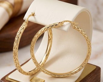 14K Solid Yellow Gold Wheat Spiga Hoop Earrings, 2 Inch Handmade Chain Hoops