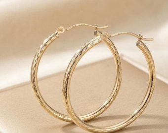 10K Yellow Gold Diamond Cut Hoop Earrings – 30mm Sparkle Hoops, Snap Closure