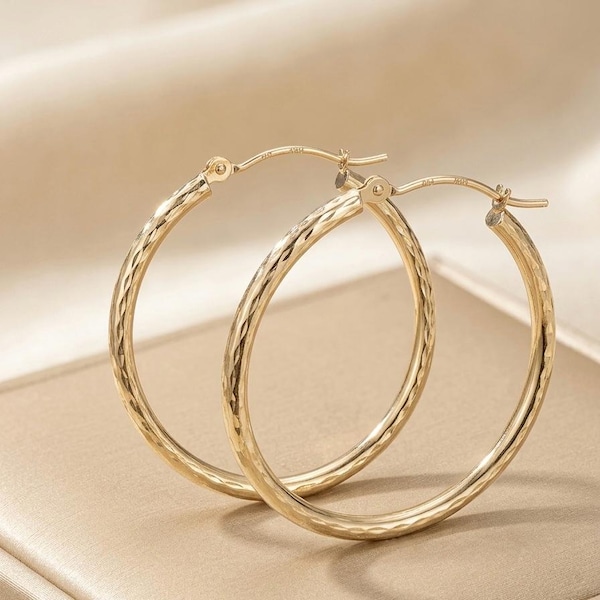 10K Yellow Gold Diamond Cut Hoop Earrings – 30mm Sparkle Hoops, Snap Closure