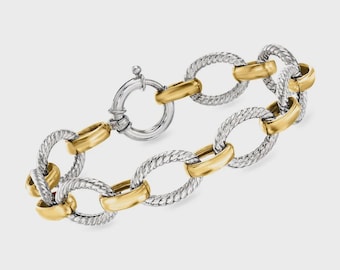 Sterling Silver Twisted Oval Link Bracelet, Two-Tone Gold Plated, 7 Inch 12mm Bold Statement