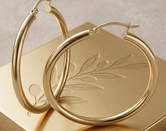 14K Yellow Gold Hoop Earrings, 40mm Thick Classic Everyday Luxury Hoops