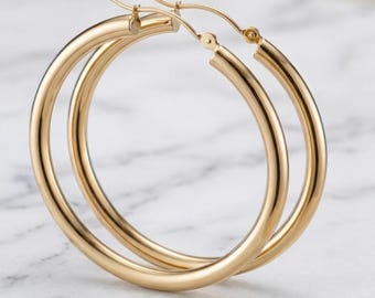 14K Yellow Gold Classic Hoop Earrings | High Polish Large Hoops (40mm x 3mm)