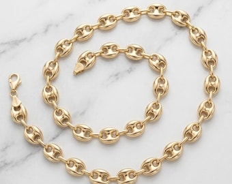 Real 14K Yellow Gold Puffed Mariner Anchor Chain Necklace 9mm, Unisex Lobster Clasp