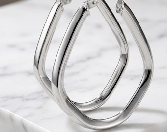 Rhodium Plated Sterling Silver Geometric Hoop Earrings, Modern Knife Edge Shield Hoops