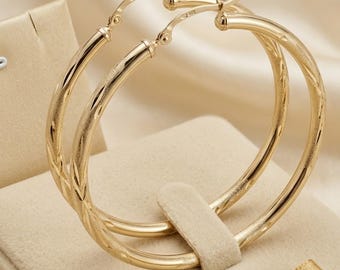 10K Solid Yellow Gold Diamond-Cut Hoop Earrings, 2 Inch Sparkle Statement Jewelry