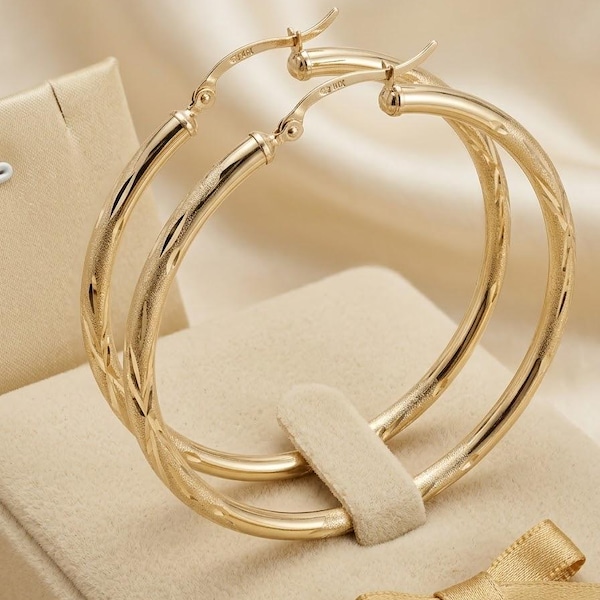 10K Solid Yellow Gold Diamond-Cut Hoop Earrings, 2 Inch Sparkle Statement Jewelry