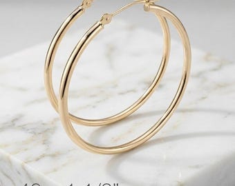 10K Yellow Gold Hoop Earrings, Polished Thin Classic Hoops, Lightweight Everyday Jewelry