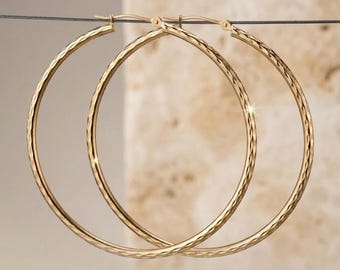 10K Solid Yellow Gold Diamond-Cut Hoop Earrings, 50mm Large Sparkle Hoops