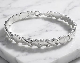 Sterling Silver XOXO Heart Bracelet, Diamond-Cut Textured Stampato Jewelry