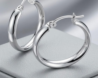 925 Sterling Silver Domed Hoop Earrings, Rhodium Plated, 26mm Everyday Jewelry