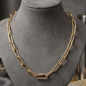 May include: A gold-toned chain necklace featuring elongated, rectangular paperclip-style links. The necklace has a uniform design throughout, with a central link that serves as a clasp mechanism, creating a continuous, structured look around the neck.