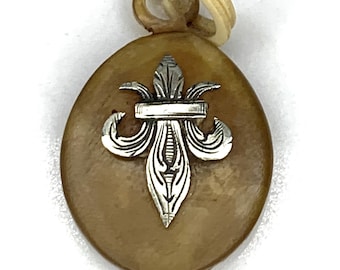 Antique Pendant Bone, Celluloid, with Silver Fleur De Lis