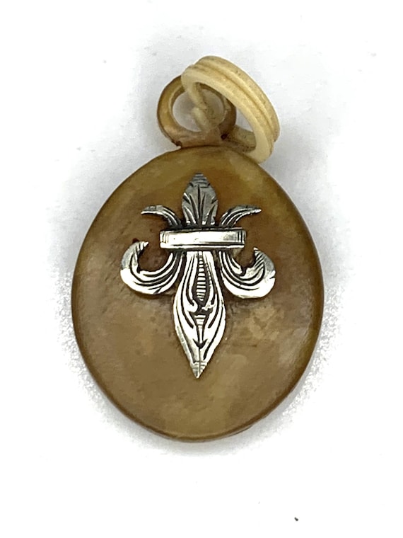 Antique Pendant Bone, Celluloid, with Silver Fleur