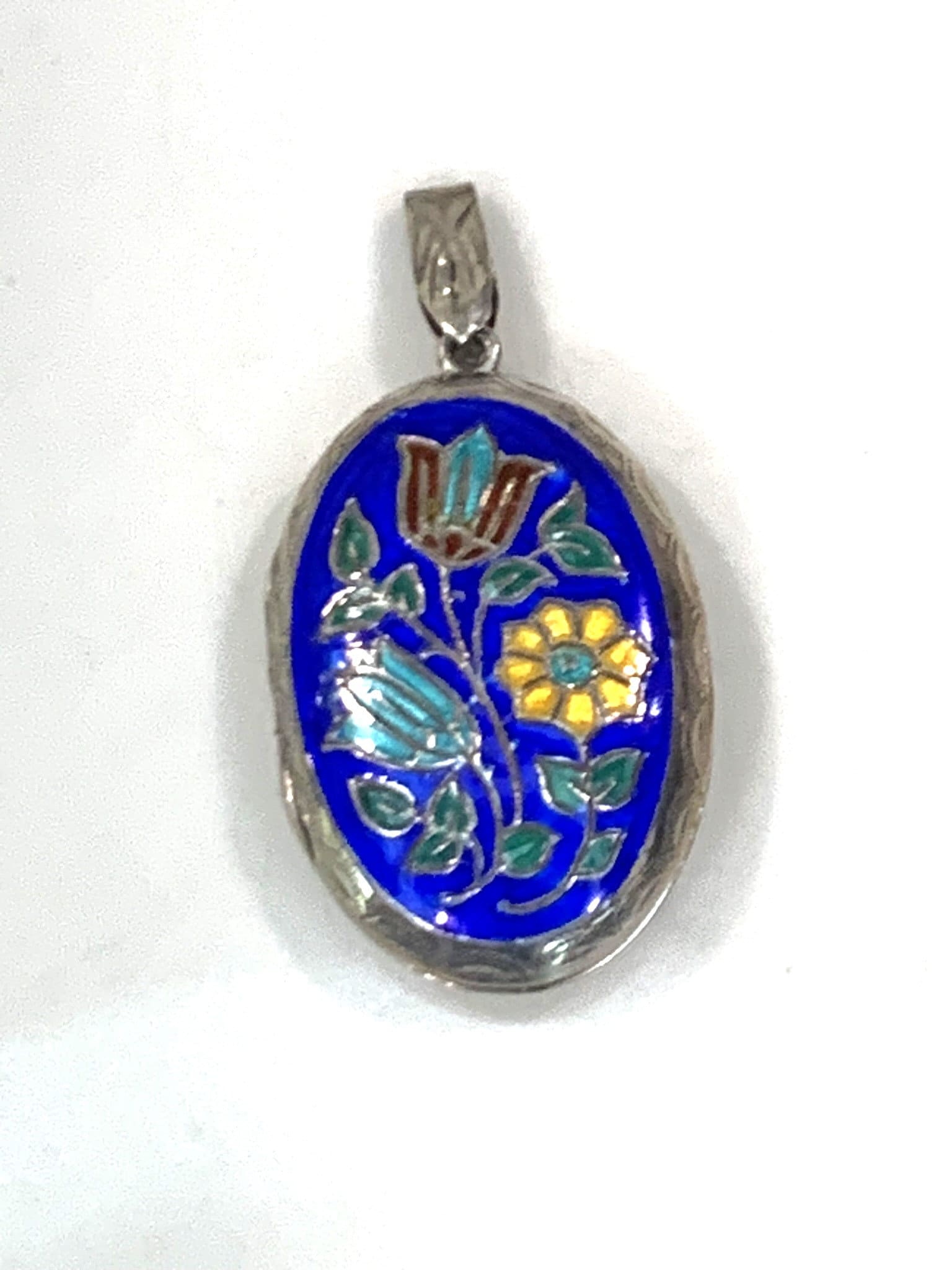 Blue Cloisonne Peony Pendant Necklace Hollow Bottle Vintage