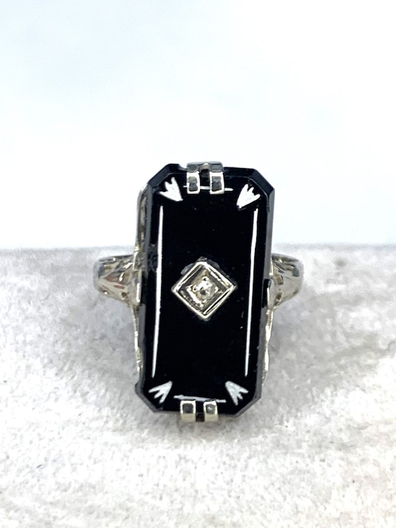 Edwardian Era 14k White Gold Black Onyx Filigree … - image 1