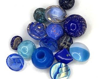 Antique/Vintage Blue Glass, Crystal Buttons - Mixed Lot of 15