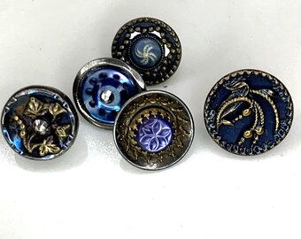 19th Century Antique Blue Fancy Cut Steel Cup Buttons, Mother of Pearl, Wedgewood, Austrian Tinies, Lot of 5