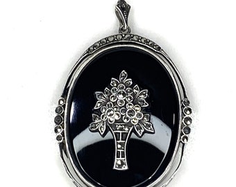 Antique Sterling Silver Black Onyx & Marcasite Mourning Locket Pendant Necklace, Marked ARCO, GERMANY, STERLING