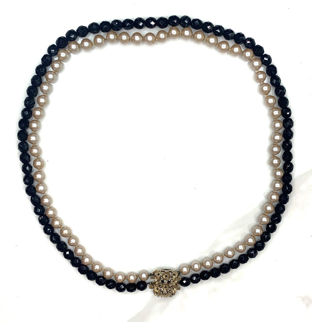 Vintage Double Strand Necklace Pearl and Jet With Decorative Clasp - Etsy