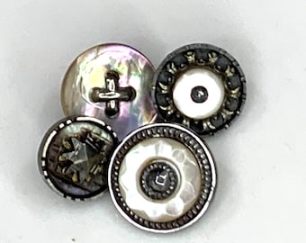 19th Century Antique Cut Steel Buttons, Austrian Tiny, Carved Mother of Pearl, 3 Material, Lot of 4