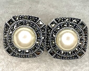 JUDITH JACK 925 Silver - Vintage Pearl & Marcasite Post  display picture 3