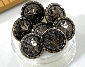 May include: A close-up of seven silver buttons with a star-shaped design. The buttons are in a clear plastic container.