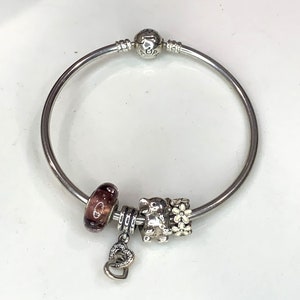 Authentic Pandora BANGLE bracelet 925 Sterling Silver / Pandora Bracelet, With Four Charms, Pandora Charm, Pandora Bead