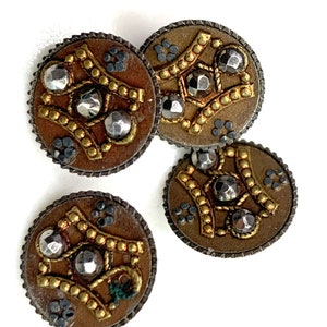 Antique Red Tinted Cut Steel and 3 Material Buttons set of 4