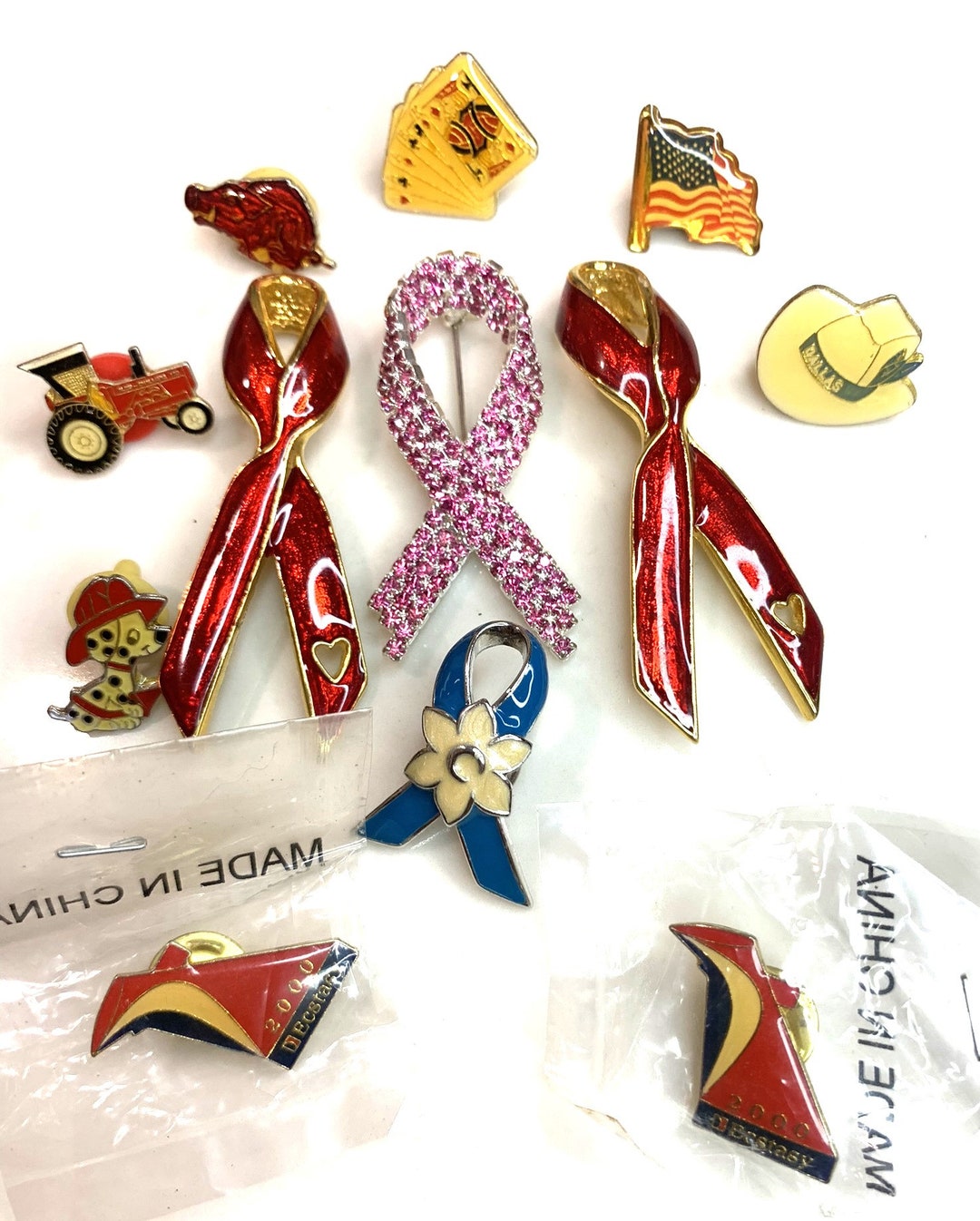 Vintage Lot of Assorted Pins, AIDS Pins, Breast Cancer Rhinestone Pin ...