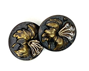 19th Century Antique 2 Piece Metal Button, Floral Design, Wire Attached