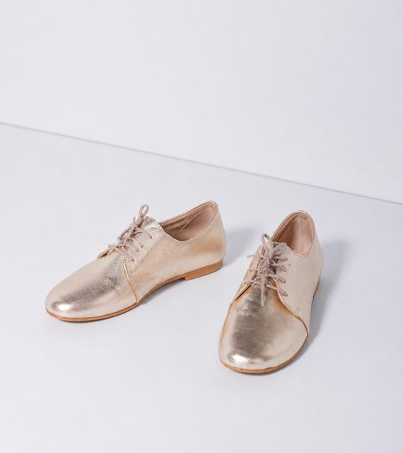 champagne gold dress shoes Handmade Genuine Leather Oxford Lace up Flats – Minimalist Office Wedding Casual Daytime Formal
