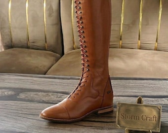 Handmade Tan Leather Knee-High Lace-Up Boots: Victorian Riding Style